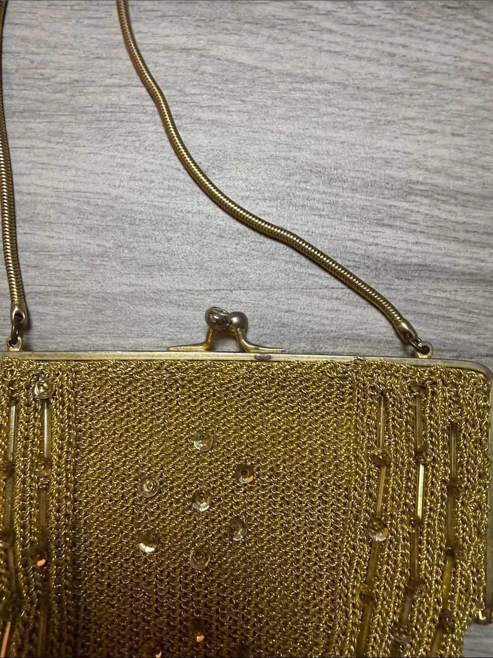 Vintage Gold Beaded Evening Bag with Fringe and Diamond Accented Snap Closure